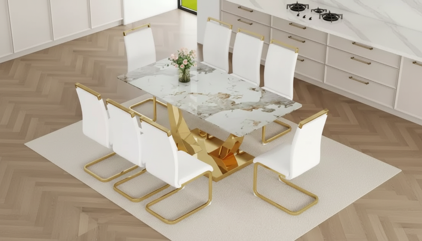 71-Inch Gold Dining Table Set for 8 with PU Chairs