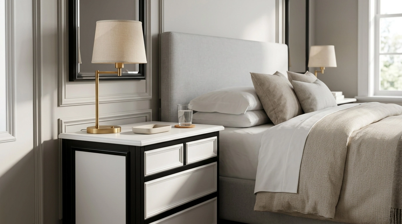 Neoclassical Black & White Bedside Table With Storage